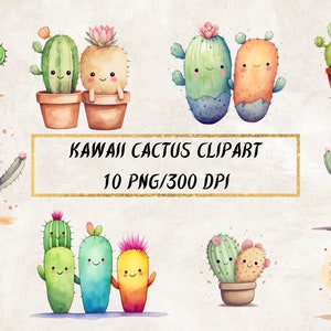 Watercolor Kawaii Cactus Clipart, Cacti Baby Shower Clipart, 10 Cute Cactus PNG Transparent Backgrounds for Commercial Use, Kawaii Plants