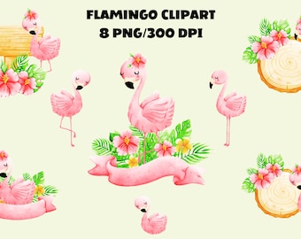 Adorable Flamingo Watercolor Clipart Set, 8 Floral Flamingo PNG Pack Transparent Backgrounds, Digital Download