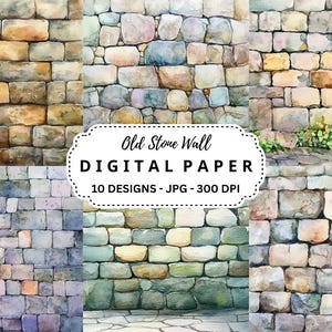 Könnte beinhalten: Digitales Papierpaket mit 10 Aquarelldesigns von alten Steinmauern in verschiedenen Brauntönen, Grautönen und Blautönen. Die Designs sind perfekt zum Erstellen von Hintergründen, Texturen und Mustern für Scrapbooking, Kartenherstellung und andere Bastelprojekte.