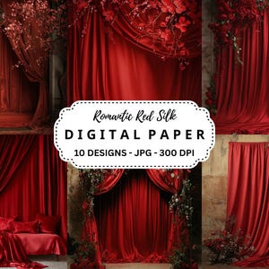 Pacote de imagens românticas de seda vermelha, 10 cenários JPGs de alta qualidade para fotografia de estúdio, diário de lixo, scrapbooking, artesanato em papel