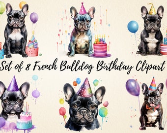 French Bulldog Birthday Watercolor Clipart, Cute Dog Happy Birthday Card Invitations, High Quality Illustrations, Commercial Use