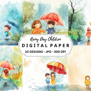 Regnerischer Tag Kinder Hintergründe Bundle, 10 Aquarell hochwertige JPGs Bilder für Junk Journal, Einladungen, Scrapbooking, digitales Kunsthandwerk