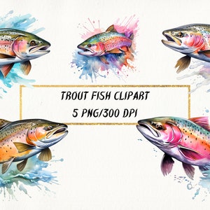Aquarell Forelle Fische Clipart, 5 Süßwasserfische PNG Bundle für kommerzielle Nutzung, Fische PNG, Fisch Aquarell, druckbare realistische Fische