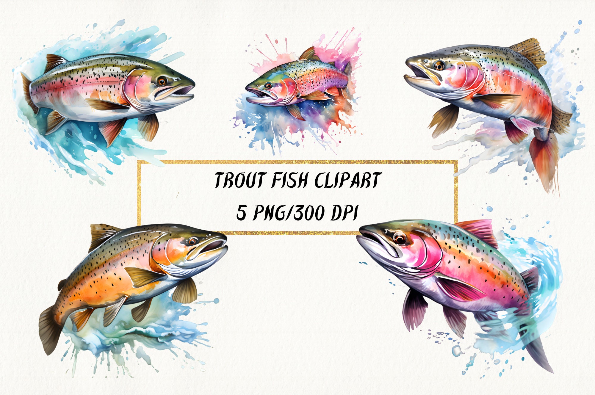 Watercolor Trout Fish Clipart: 5 Freshwater Fish PNG Bundle (Commercial Use)