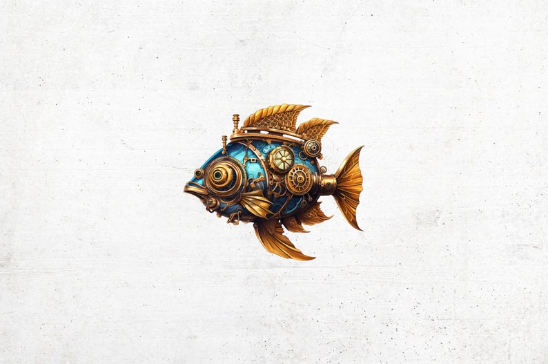 Steampunk Fish Clipart, Fantasy Steampunk Fish PNG Bundle for Commercial Use, Steampunk Digital Paper Crafts, Card Making, Mixed Media image 5