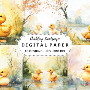 Entenlandschaft Digitale Papiere, Aquarell Niedliche Enten Hintergründe für Geburtstagskarten, Junk Journals, Scrapbooking, JPG Dateien