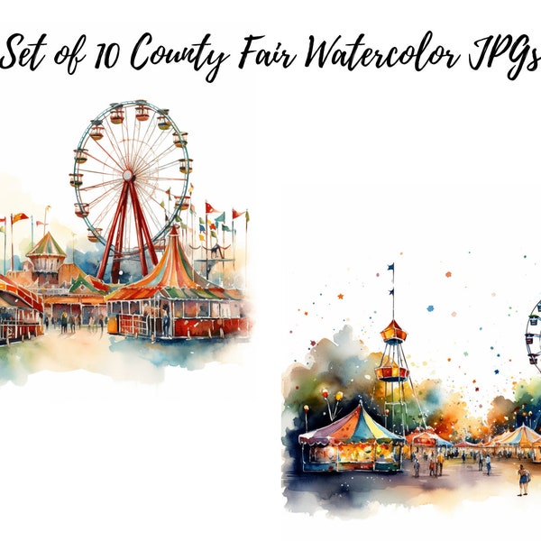 Watercolor County Fair Clipart, Set of 10 JPGs High Quality for Commercial Use, Carnival Printable Art, Scrapbooking, Card Making