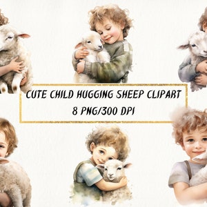 Cute Child Hugging Sheep Acquerello Clipart, Kids Hugging Sheep Pacchetto PNG per uso commerciale, Download digitale