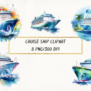 Watercolor Cruise Ship Clipart, Vacation Clipart, Nautical Travel Watercolor, Cruise Ship PNG Bundle, Commercial Use