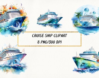 Watercolor Cruise Ship Clipart: Nautical Vacation PNG Bundle (Digital Download)