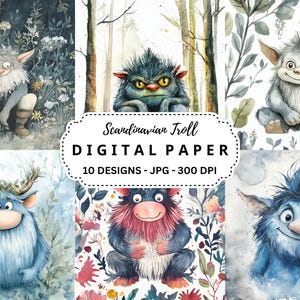 Pacchetto di immagini di troll scandinavi, 10 sfondi di troll acquerellati di alta qualità per diario spazzatura, artigianato di carta, scrapbooking, uso commerciale