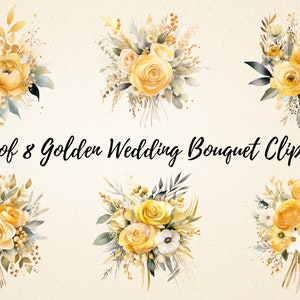 Elegante goldene Hochzeitsstrauß Clipart, Aquarell hochwertige PNG Bündel, Hochzeitseinladung, kommerzielle Nutzung, digitaler Download