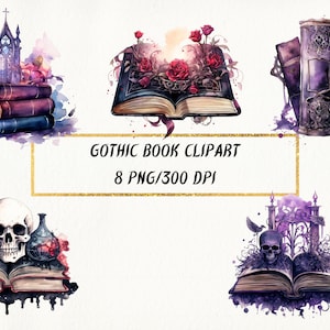 Watercolor Gothic Book Clipart: Fantasy Library PNG Bundle (300 DPI)