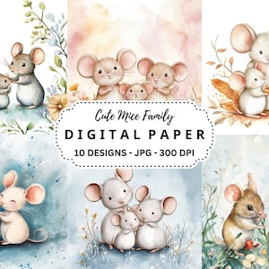 Ensemble de cliparts famille mignon souris, 10 fichiers JPG aquarelle pour journal indésirable, couvertures, travaux manuels, téléchargement immédiat, usage commercial art
