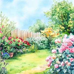 May include: A watercolor painting of a garden scene with a wooden fence, green bushes, and pink and white flowers. The garden is surrounded by a blue sky with white clouds.
