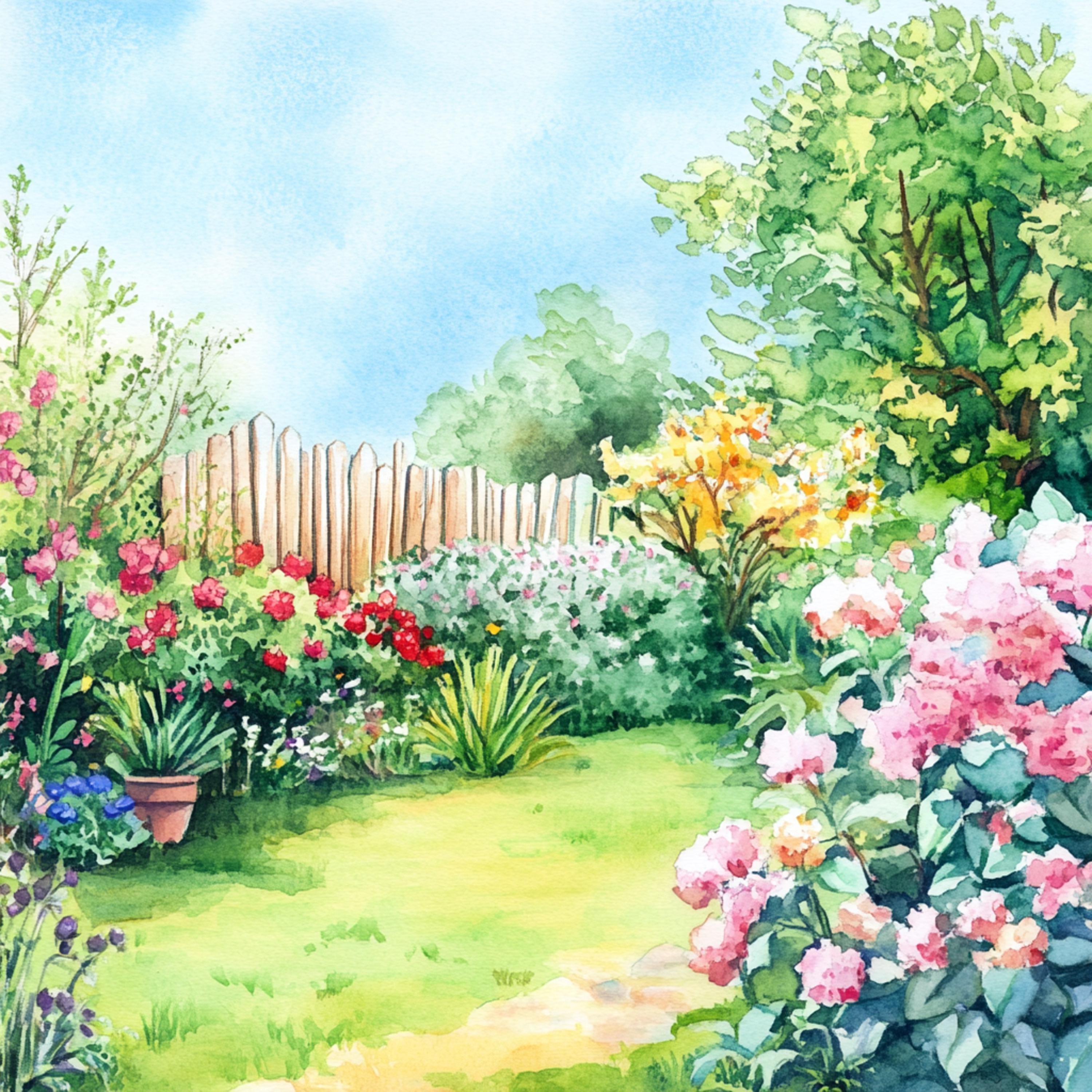 水彩画風の裏庭の庭の背景：JPGイラスト10点（デジタルダウンロード