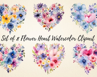 Romantic Floral Heart Clipart, Watercolor Floral Hearts PNG Bundle, High Quality PNG Illustrations, Commercial Use, Digital Download