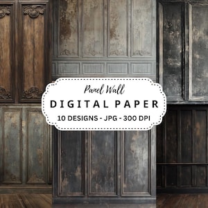 May include: A digital paper pack featuring 10 designs of distressed wood panel walls. The designs are in JPG format and 300 DPI resolution. Panel Wall Digital Paper.