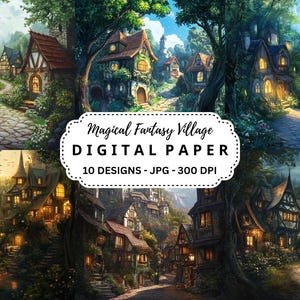 Magisches Fantasy Dorf Hintergründe Bundle, 10 hochwertige JPGs Illustrationen für Junk Journal, Scrapbooking, Digital Crafting