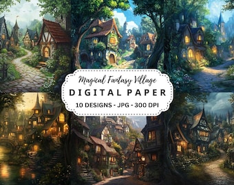 Fantasy Village Backgrounds: 10 JPG Illustrations for Scrapbooking (Digital Download)