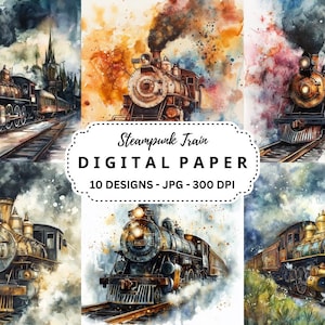 Paquete de imágenes de trenes Steampunk, 10 fondos de fantasía en acuarela de alta calidad en formato JPG para diarios basura, álbumes de recortes y manualidades con papel