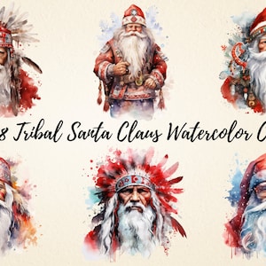 Tribal Santa Claus Clipart, Aquarelle Colorée Tribal Santa, Conceptions vibrantes pour les imprimables et les décorations de vacances, Utilisation commerciale