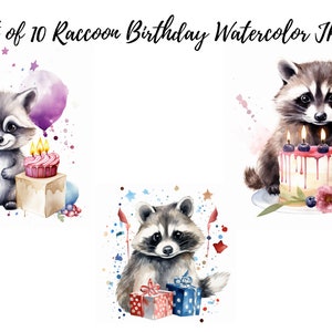 Clipart de joyeux anniversaire de raton laveur aquarelle, 10 JPG de haute qualité, utilisation commerciale, anniversaire de ratons laveurs, Scrapbooking, fabrication de cartes, techniques mixtes