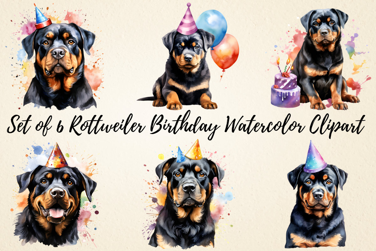 Watercolor Rottweiler Birthday Clipart, Happy Birthday Party Invitation Card, Rottweiler Sublimation Shirt, Commercial Use, Digital Download