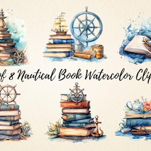 Nautical Book Clipart Bundle, Watercolor Oceanic Inspiration Books High Quality PNG Images, Perfect for for Invitations, Decorations