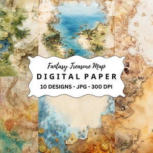 Pacote de imagens de mapas de tesouro de fantasia, 10 fundos JPG em aquarela para scrapbook, artesanato, páginas de diários de lixo, download instantâneo