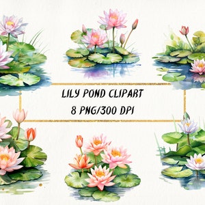 Clipart de lagoa de lírio aquarela, 8 imagens de alta qualidade Nenuphar pacote PNG, aquarela de lagoa de natureza floral, uso comercial, download digital