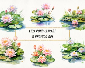 Watercolor Lily Pond Clipart: 8 Floral PNG Images (Digital Download)