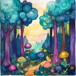 Może przedstawiać: Akwarela przedstawiająca fantazyjny las z niebieskimi i fioletowymi drzewami, kręta ścieżka i kolorowe grzyby. Tło jest w miękkim ż&oacute;łtym i r&oacute;żowym kolorze.