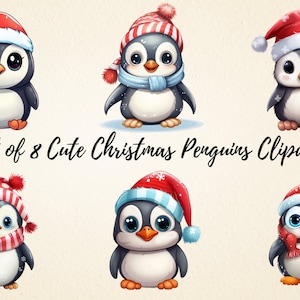 Lindos pingüinos navideños sublimación clipart, paquete de ilustraciones PNG de alta calidad, planificador clipart, artesanías de papel digital, diario basura