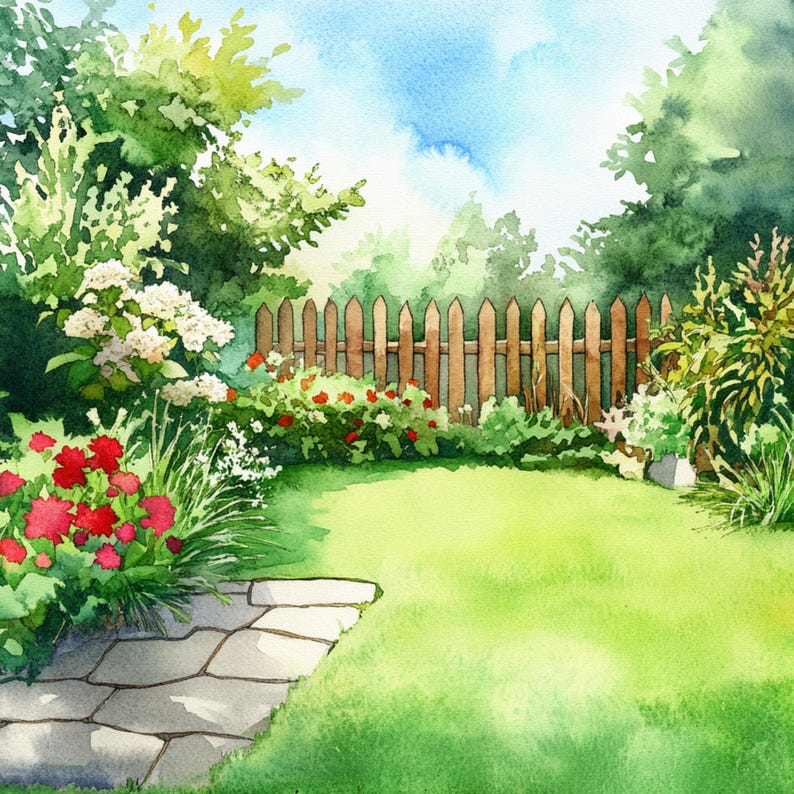 May include: A watercolor painting of a garden scene with a wooden fence, green grass, and colorful flowers. The fence is made of vertical wooden slats and has a white picket top. The grass is a vibrant green and the flowers are in shades of pink, red, and white.