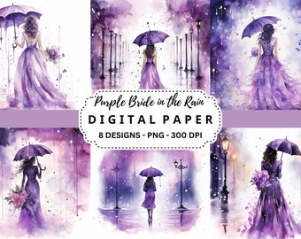 Wasserfarbe Lila Braut im Regen: Hochzeit Digitales Papier (PNG)
