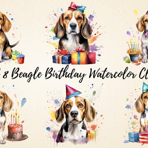 ビーグルの誕生日昇華クリップアート、高品質のPNGイラスト、赤ちゃんビーグルのハッピーバースデーパーティー招待カード、商用利用