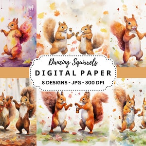 Téléchargement numérique de fond d’écureuils dansants, papier numérique d’écureuils joyeux, parfait pour le scrapbooking, l’artisanat, les invitations, les cartes