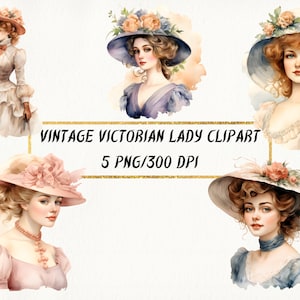 Watercolor Victorian Lady Clipart: Vintage Portrait PNG Bundle (5 Files)