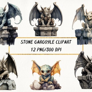 Gothic Gargoyle Watercolor Clipart: Stone Monster PNG Bundle (300 DPI)