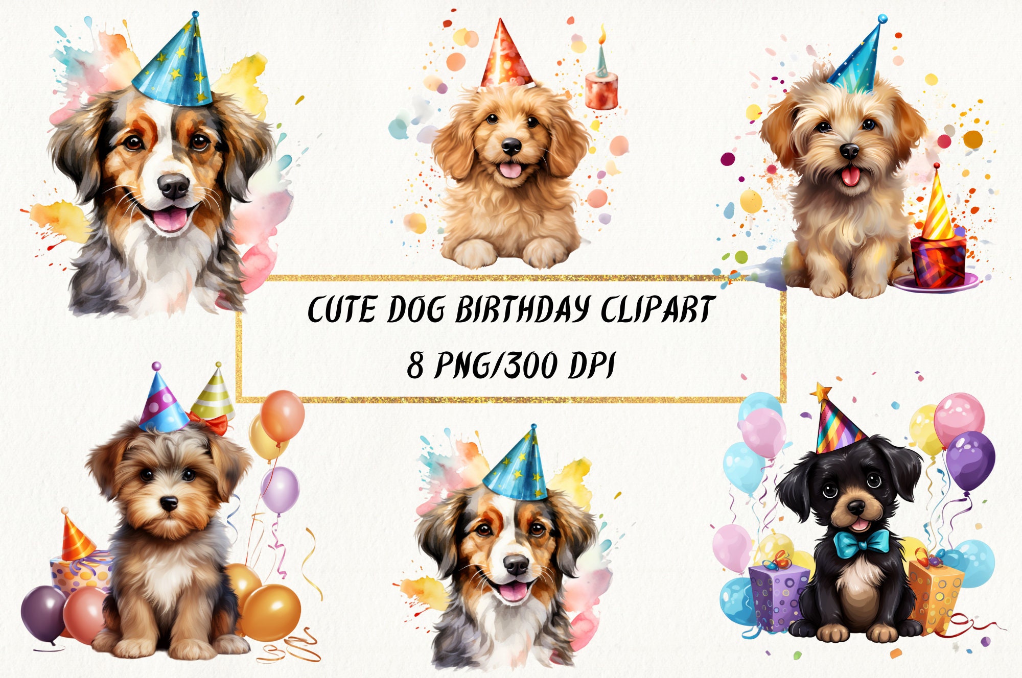 Two Cute Happy Puppy Dogs with a Birthday Cake Celebrating at a