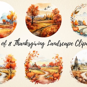 Thanksgiving Landschaft Clipart Bundle, Aquarell Thanksgiving Landschaft PNG Illustrationen, perfekt für Einladungen, Dekorationen, Kartenherstellung