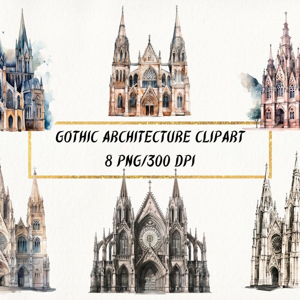 Watercolor Gothic Architecture Clipart, Medieval Architecture PNG Bundle, Gothic Art, Antique Gothic Buildings Clipart, Commercial Use