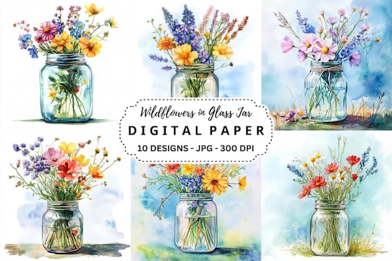 Wildflower Watercolor Clipart: Glass Jar Bundle (JPG Files)
