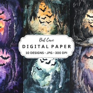 Bat Cave Digital Papers, Halloween Nietoperze, Tła akwarelowe, Kartki okolicznościowe, Sztuka ścienna, Ilustracje JPG, Użytek komercyjny