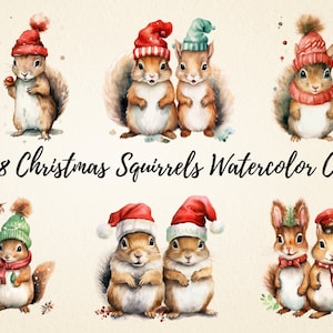 Christmas Squirrels Clipart Bundle, Aquarelle Cute Holiday Squirrel PNG Graphics, Parfait pour l’artisanat festif, les conceptions graphiques, la fabrication de cartes