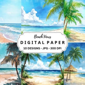 Strand Ansichten Bilder Bundle, 10 Aquarell hochwertige Hintergründe für Junk Journal, Scrapbooking, Papierhandwerk, Sofort Download