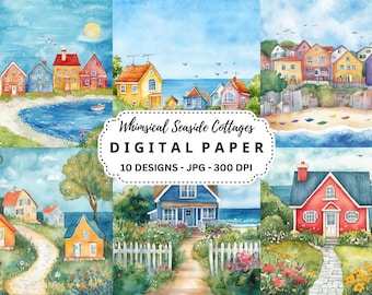 Watercolor Seaside Cottages Clipart: JPG Backgrounds for Scrapbooking (Digital Download)