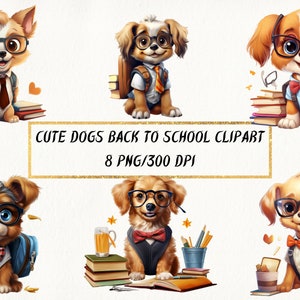 Niedliche Hunde zurück in die Schule Clipart, Schulhund PNG Bundle, kommerzielle Nutzung, digitales Papierhandwerk, Kartenherstellung, gemischte Medien