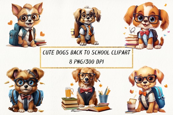 School Dog Clipart, Back to School PNG Bundle (Digital Download)